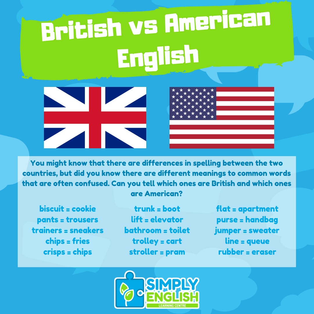 Simply English - British Vs American English - Common word differences - 1080x1080