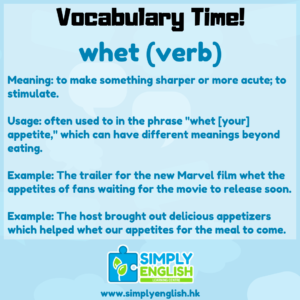 Simply English Learning Centre - Vocabulary Time - Here we go over the word whet